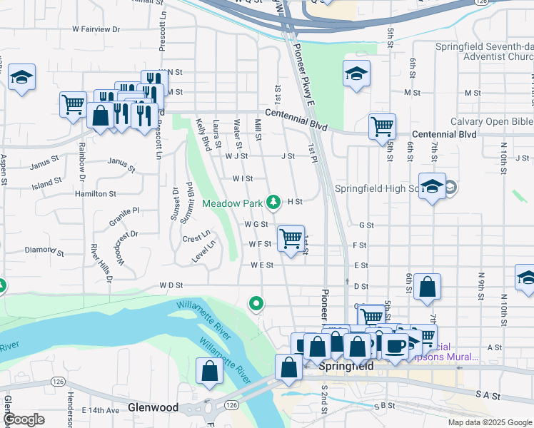 map of restaurants, bars, coffee shops, grocery stores, and more near 112 West H Street in Springfield