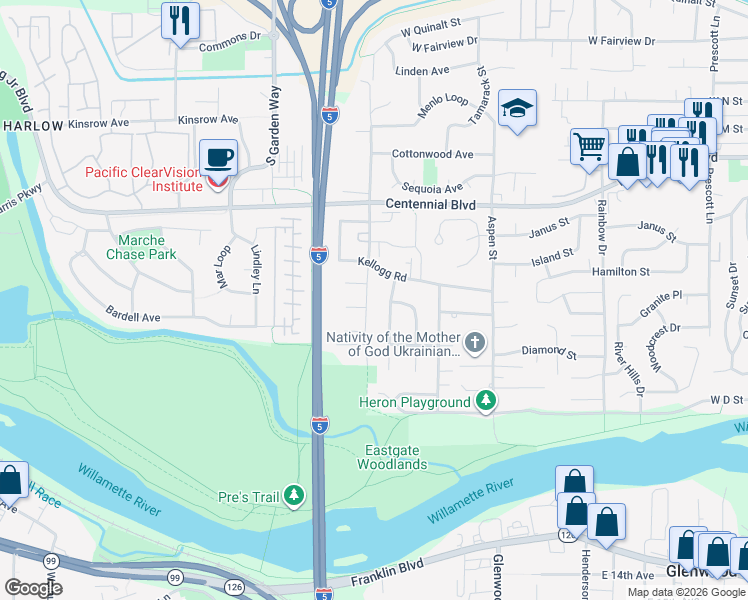 map of restaurants, bars, coffee shops, grocery stores, and more near 885 Anderson Lane in Springfield