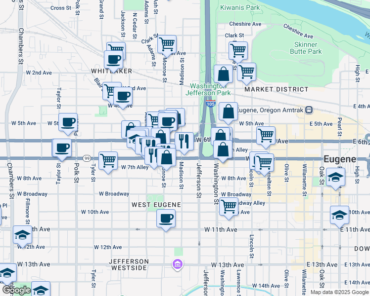 map of restaurants, bars, coffee shops, grocery stores, and more near 737 West 6th Avenue in Eugene