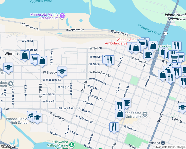 map of restaurants, bars, coffee shops, grocery stores, and more near 264 Mc Bride Street in Winona