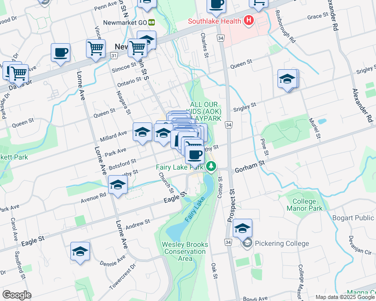 map of restaurants, bars, coffee shops, grocery stores, and more near 221 Main Street South in Newmarket