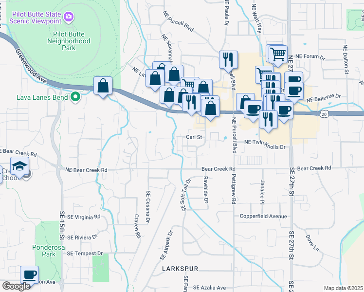 map of restaurants, bars, coffee shops, grocery stores, and more near 62037 Northeast Nate's Place in Bend