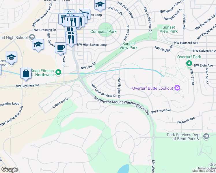 map of restaurants, bars, coffee shops, grocery stores, and more near 2418 Northwest Hosmer Lake Drive in Bend