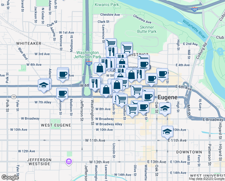 map of restaurants, bars, coffee shops, grocery stores, and more near 345 West 6th Avenue in Eugene