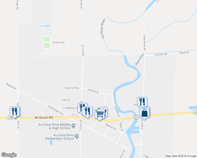 map of restaurants, bars, coffee shops, grocery stores, and more near 139 Herman Street in Au Gres