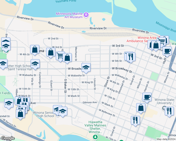 map of restaurants, bars, coffee shops, grocery stores, and more near 757 West Broadway Street in Winona