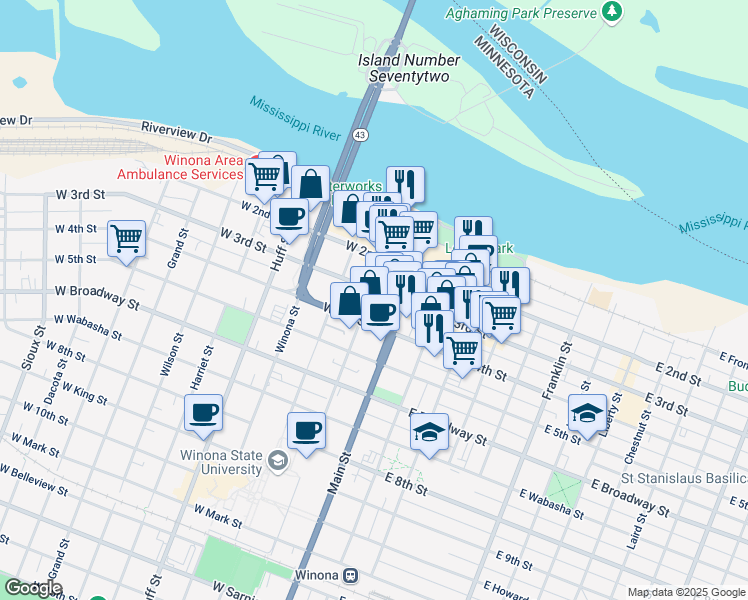 map of restaurants, bars, coffee shops, grocery stores, and more near 129 West 3rd Street in Winona