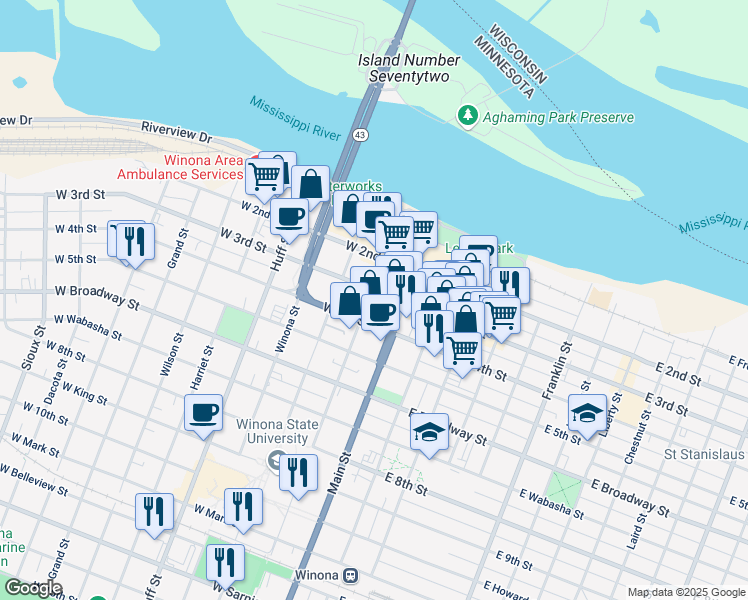 map of restaurants, bars, coffee shops, grocery stores, and more near 129 West 3rd Street in Winona
