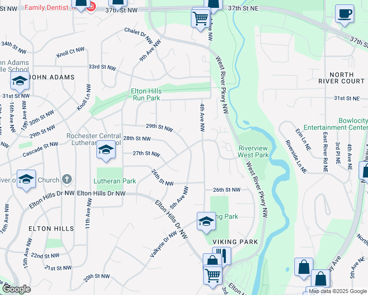 map of restaurants, bars, coffee shops, grocery stores, and more near 505 Zumbro Drive Northwest in Rochester