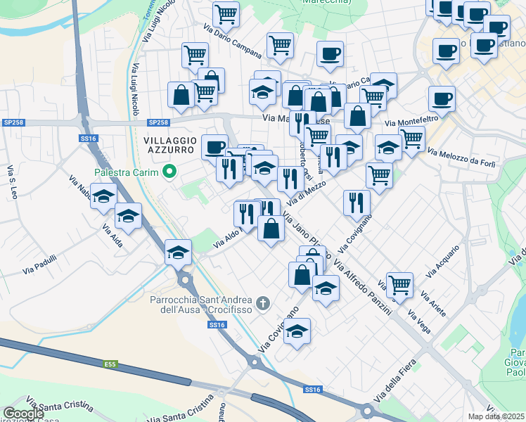 map of restaurants, bars, coffee shops, grocery stores, and more near 2 Via Aldo Moro in Rimini