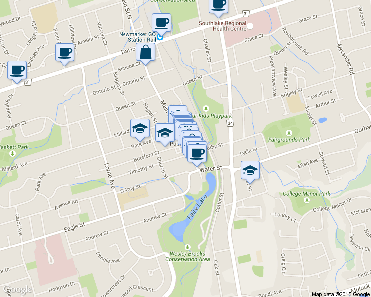 map of restaurants, bars, coffee shops, grocery stores, and more near 214 Main Street South in Newmarket