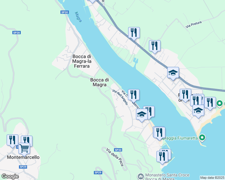 map of restaurants, bars, coffee shops, grocery stores, and more near 84 Via Fabbricotti in Bocca di Magra