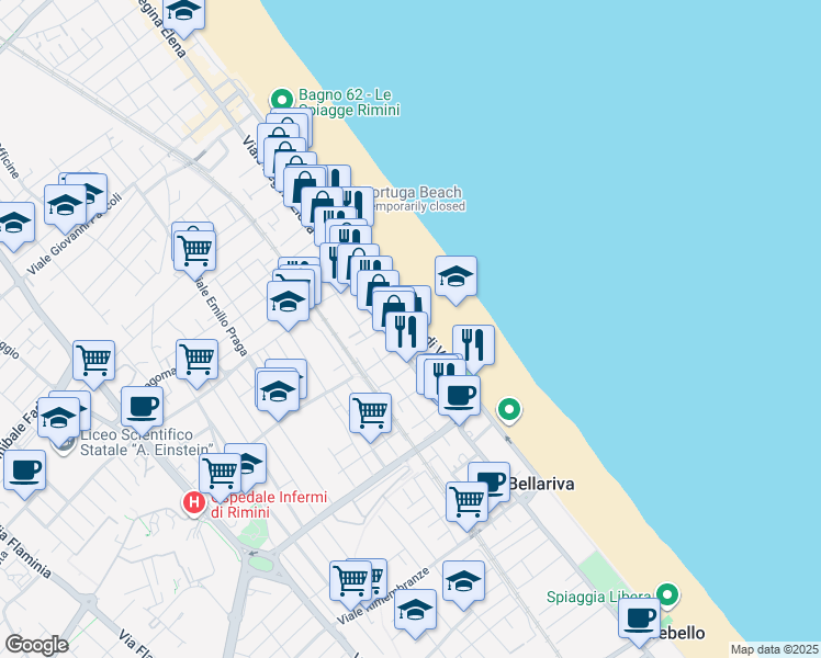 map of restaurants, bars, coffee shops, grocery stores, and more near 14 Lungomare Giuseppe di Vittorio in Rimini