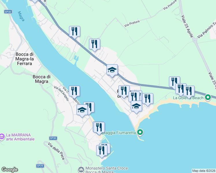 map of restaurants, bars, coffee shops, grocery stores, and more near 71 Via Ratti in Fiumaretta di Ameglia