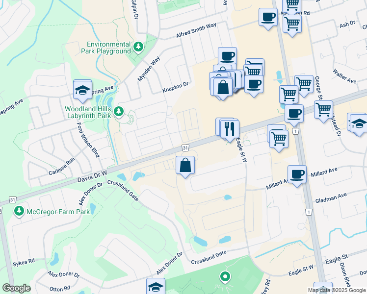 map of restaurants, bars, coffee shops, grocery stores, and more near 270 Davis Drive West in Newmarket