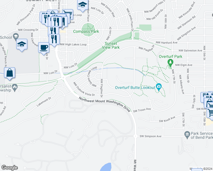map of restaurants, bars, coffee shops, grocery stores, and more near 198 Northwest Phils Loop in Bend