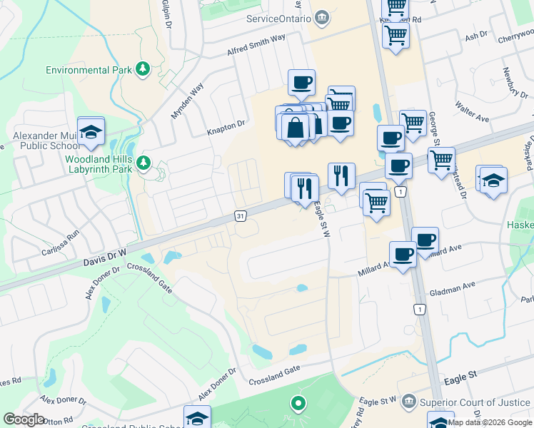 map of restaurants, bars, coffee shops, grocery stores, and more near 18 Lytham Green Circle in Newmarket