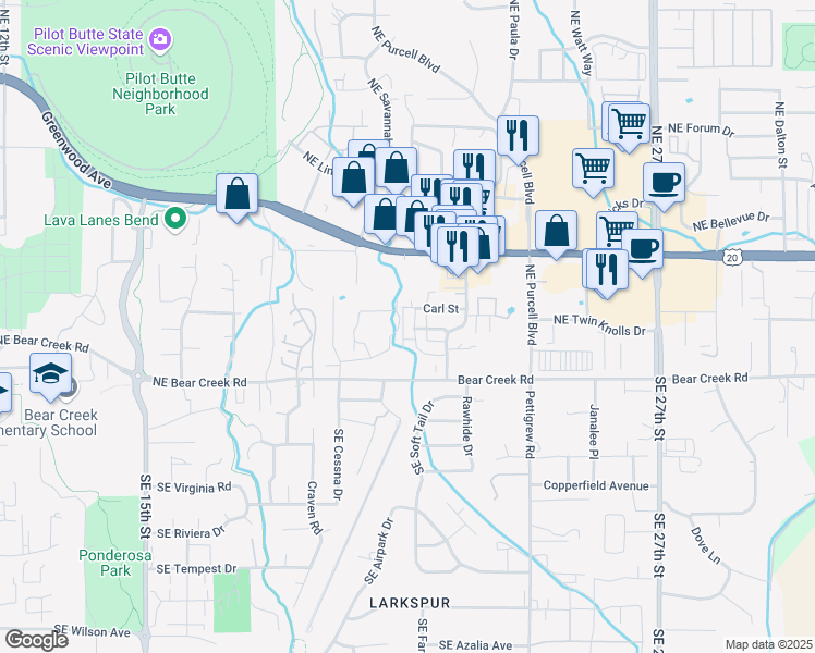 map of restaurants, bars, coffee shops, grocery stores, and more near 62041 Northeast Nate's Place in Bend