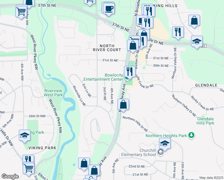 map of restaurants, bars, coffee shops, grocery stores, and more near 2667 4th Avenue Northeast in Rochester