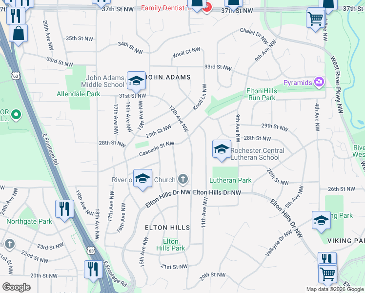 map of restaurants, bars, coffee shops, grocery stores, and more near 2711 12th Avenue Northwest in Rochester