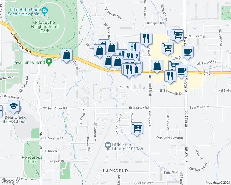 map of restaurants, bars, coffee shops, grocery stores, and more near 62049 Northeast Nate's Place in Bend