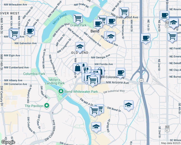 map of restaurants, bars, coffee shops, grocery stores, and more near 604 Northwest Delaware Avenue in Bend