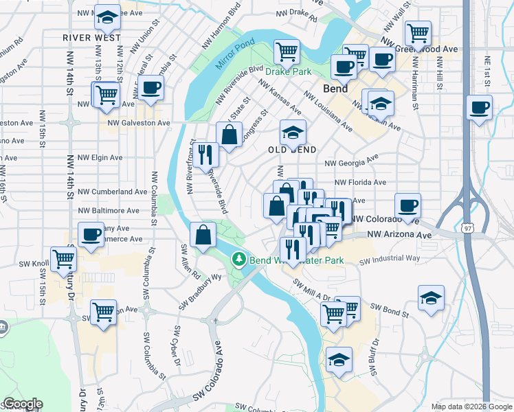map of restaurants, bars, coffee shops, grocery stores, and more near 960 Northwest Delaware Avenue in Bend