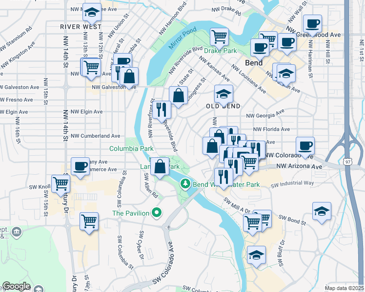 map of restaurants, bars, coffee shops, grocery stores, and more near 60 Northwest Shasta Place in Bend
