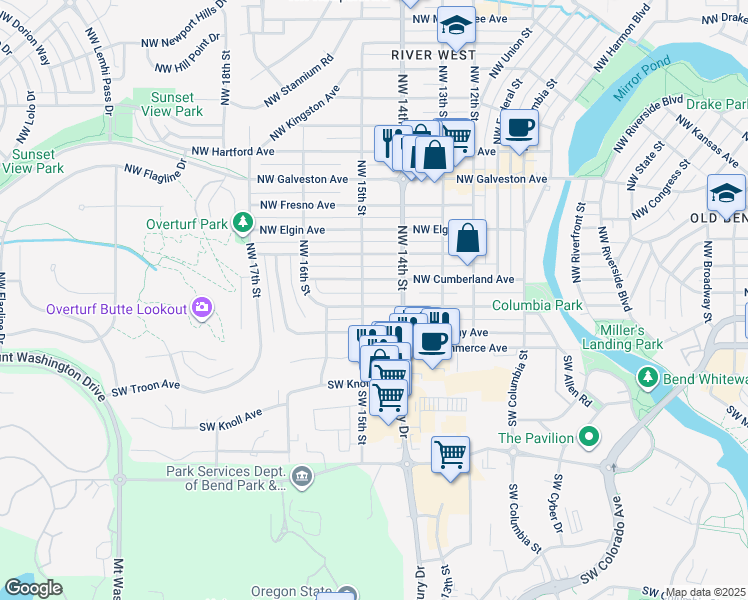 map of restaurants, bars, coffee shops, grocery stores, and more near 1459 Northwest Cumberland Avenue in Bend
