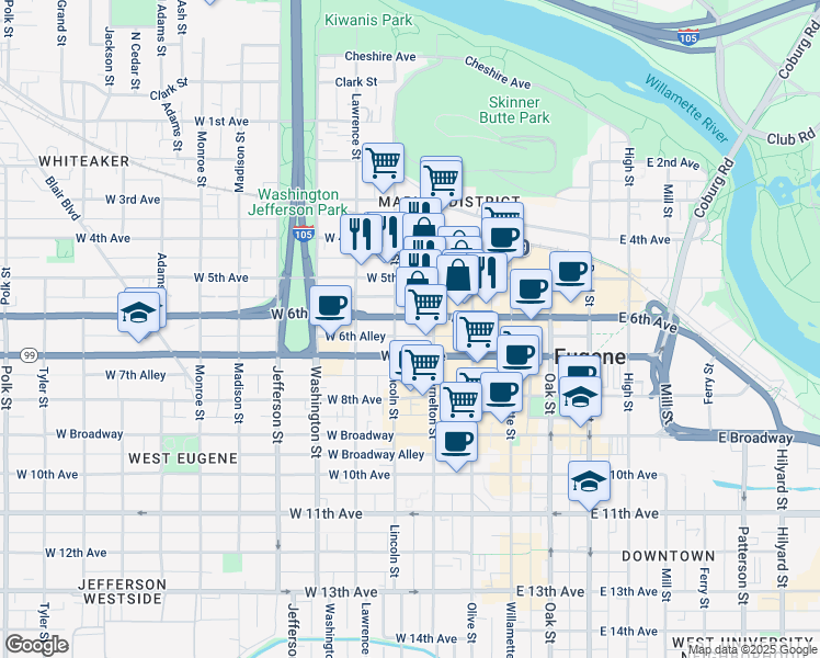 map of restaurants, bars, coffee shops, grocery stores, and more near 211 West 6th Avenue in Eugene