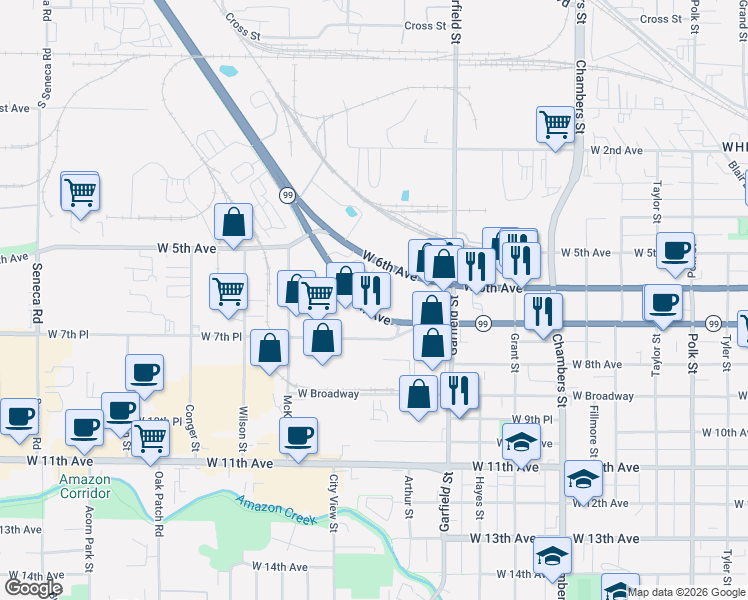 map of restaurants, bars, coffee shops, grocery stores, and more near 2200 West 6th Avenue in Eugene