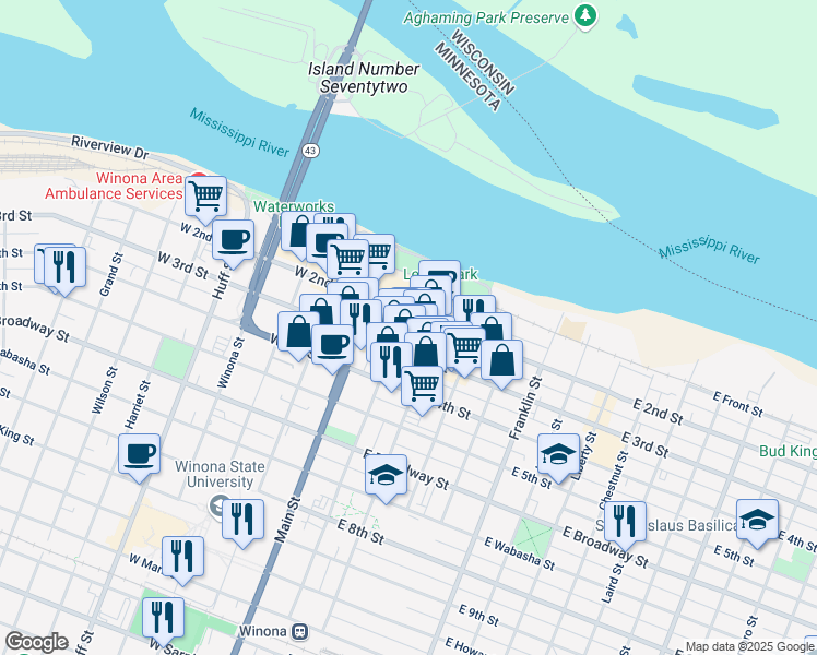 map of restaurants, bars, coffee shops, grocery stores, and more near 50 West 2nd Street in Winona