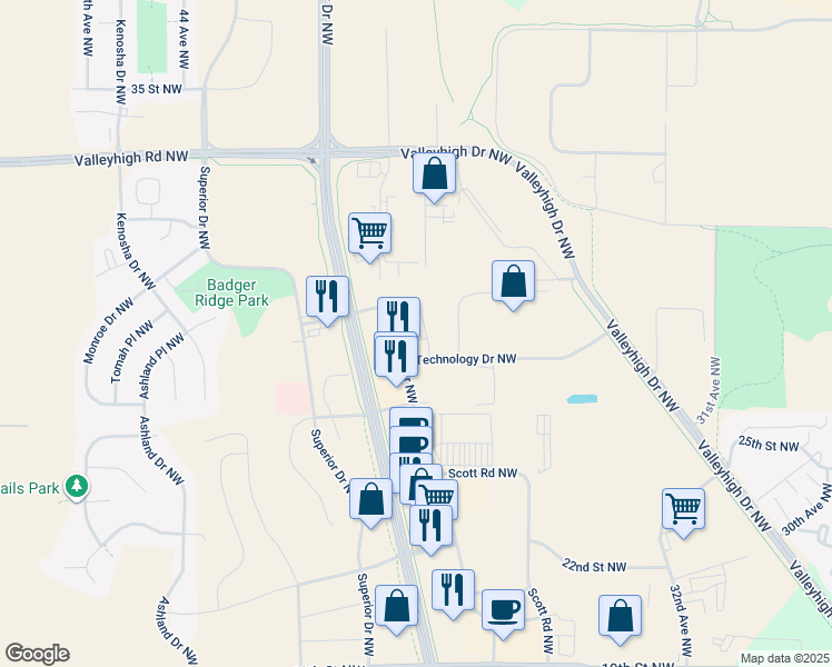 map of restaurants, bars, coffee shops, grocery stores, and more near 2770 Commerce Drive Northwest in Rochester