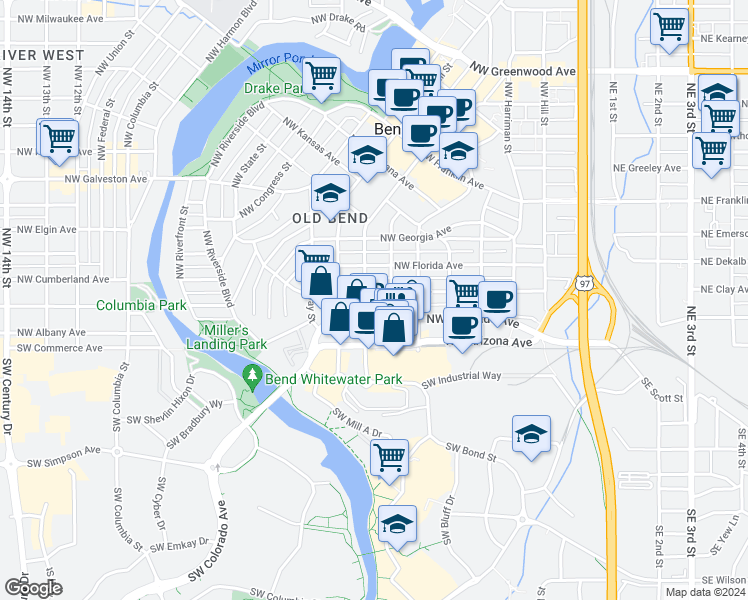 map of restaurants, bars, coffee shops, grocery stores, and more near 604 Northwest Delaware Avenue in Bend