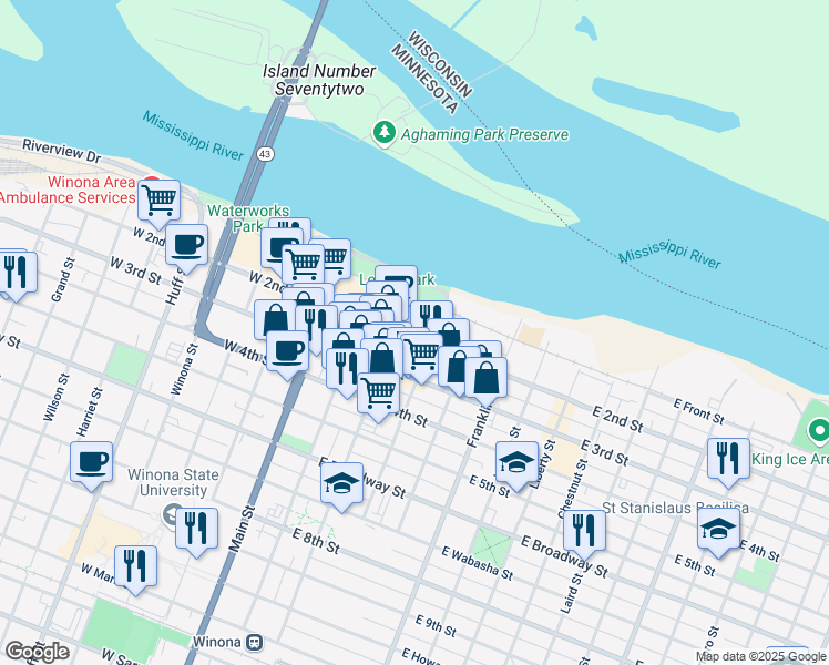 map of restaurants, bars, coffee shops, grocery stores, and more near 114 East 2nd Street in Winona