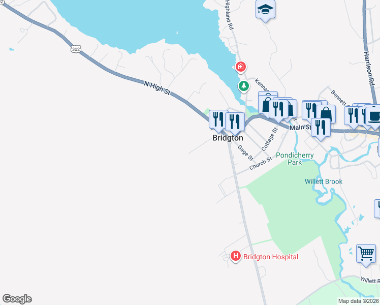 map of restaurants, bars, coffee shops, grocery stores, and more near 57 Pleasant St in Bridgton