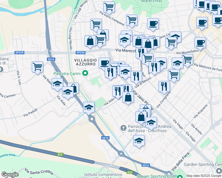 map of restaurants, bars, coffee shops, grocery stores, and more near 5-13 Via Flavia Casadei in Rimini