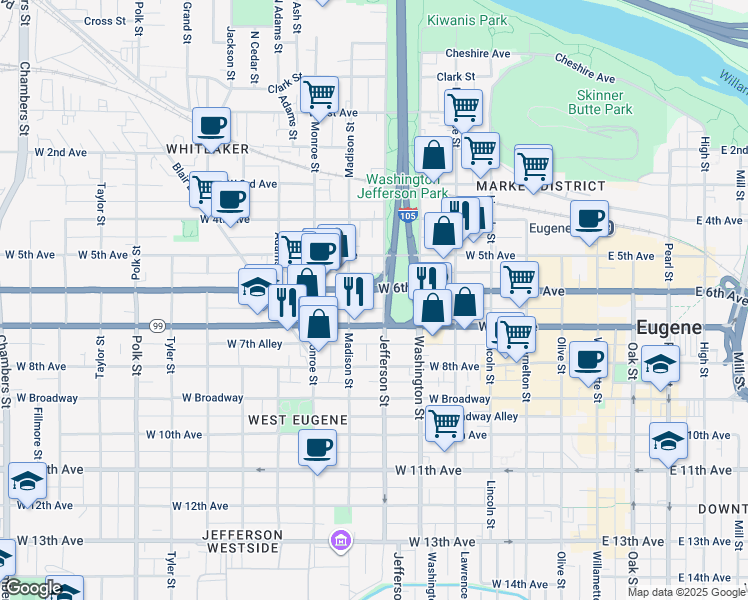 map of restaurants, bars, coffee shops, grocery stores, and more near 620 West 6th Avenue in Eugene