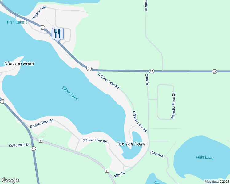 map of restaurants, bars, coffee shops, grocery stores, and more near N2045 North Silver Lake Road in Wautoma