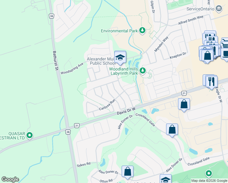 map of restaurants, bars, coffee shops, grocery stores, and more near 38 Mae Brooks Drive in Newmarket