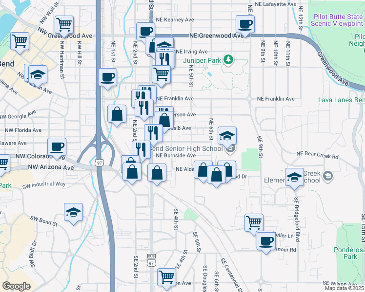 map of restaurants, bars, coffee shops, grocery stores, and more near 443 Northeast Clay Avenue in Bend