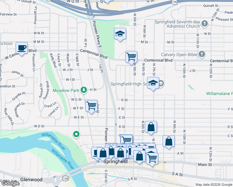 map of restaurants, bars, coffee shops, grocery stores, and more near 802 3rd Place in Springfield