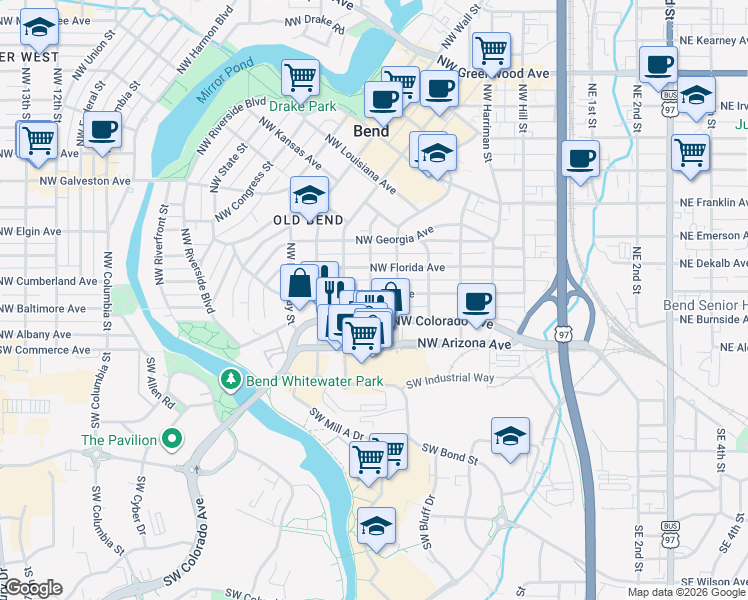 map of restaurants, bars, coffee shops, grocery stores, and more near 545 Northwest Delaware Avenue in Bend
