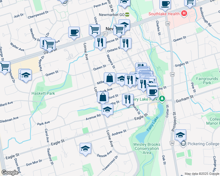 map of restaurants, bars, coffee shops, grocery stores, and more near 367 Park Avenue in Newmarket