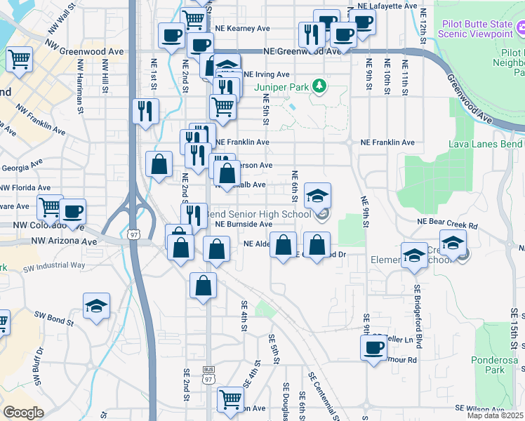map of restaurants, bars, coffee shops, grocery stores, and more near 471 Northeast Clay Avenue in Bend