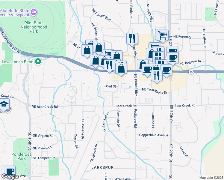 map of restaurants, bars, coffee shops, grocery stores, and more near 21034 Damascus Lane in Bend