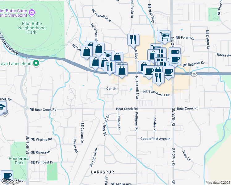 map of restaurants, bars, coffee shops, grocery stores, and more near 21030 Carl Street in Bend