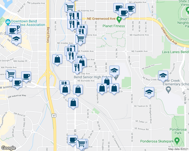 map of restaurants, bars, coffee shops, grocery stores, and more near 474 Northeast Clay Avenue in Bend