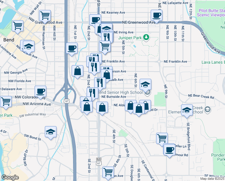 map of restaurants, bars, coffee shops, grocery stores, and more near 312 Northeast 4th Street in Bend