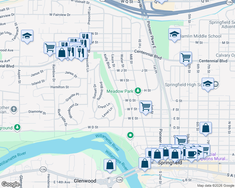map of restaurants, bars, coffee shops, grocery stores, and more near 258 West H Street in Springfield